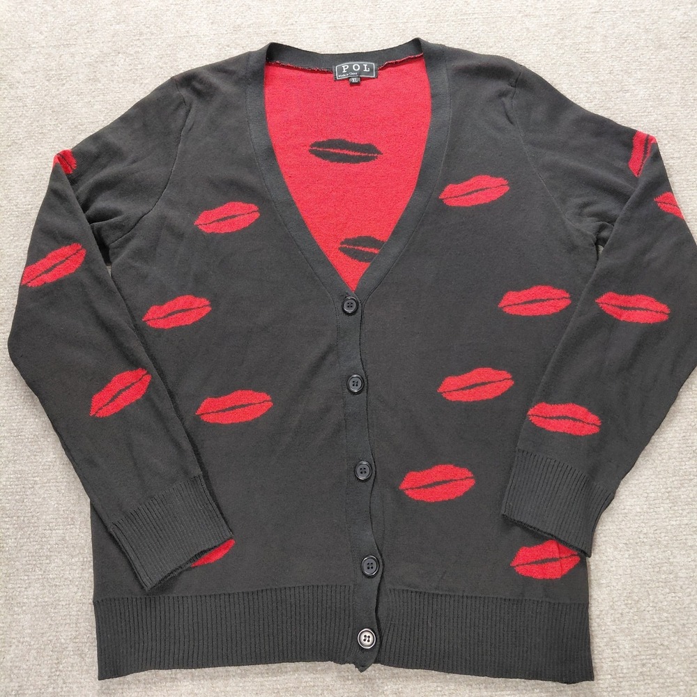 POL All Over Red Kiss Lips Sweater Black Button Cardigan Cotton Knit Top Size XL